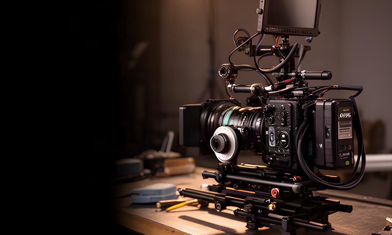 Rig cinematografico completo su un banco da lavoro in un set interno, con camera, follow focus, monitor e matte box