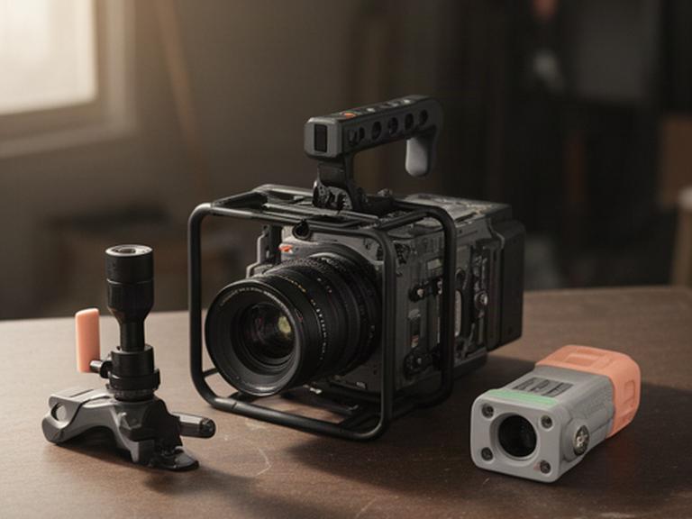 Kit cinema compatto per produzione indipendente con camera, cage e obiettivo su tavolo