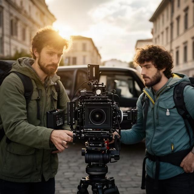 Piccola troupe cinematografica in esterno durante un road movie europeo, con rig montato sulla camera