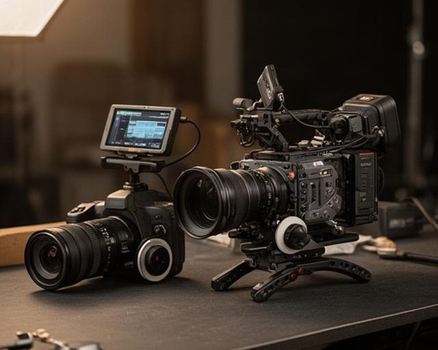 Kit cinema per documentario con camera, obiettivo zoom, monitor e supporto spalla su un tavolo da set
