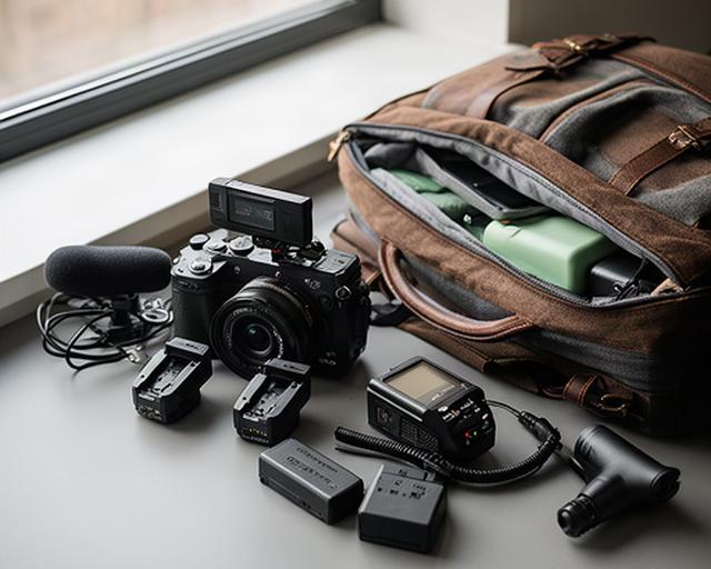 Kit run and gun con corpo mirrorless, monitor esterno, microfono e batterie accanto a una borsa da lavoro