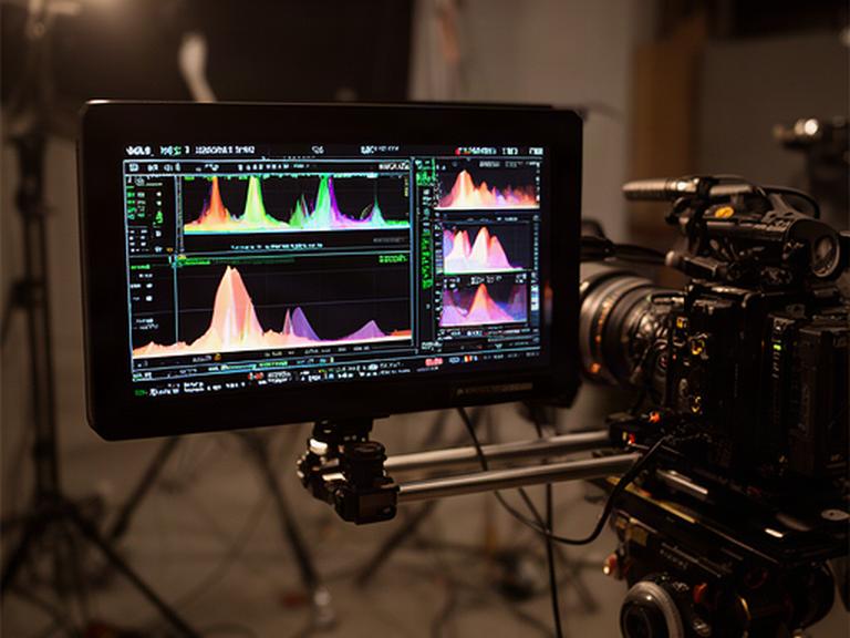 Monitor cinematografico acceso su una camera montata su rig in un set interno con waveform e false color visibili