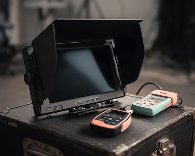 Monitor esterno da 5 pollici con paraluce e strumenti di esposizione su una cassa da set