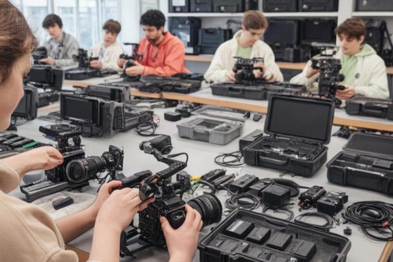 Studenti di una scuola di cinema preparano kit camera identici in un laboratorio didattico